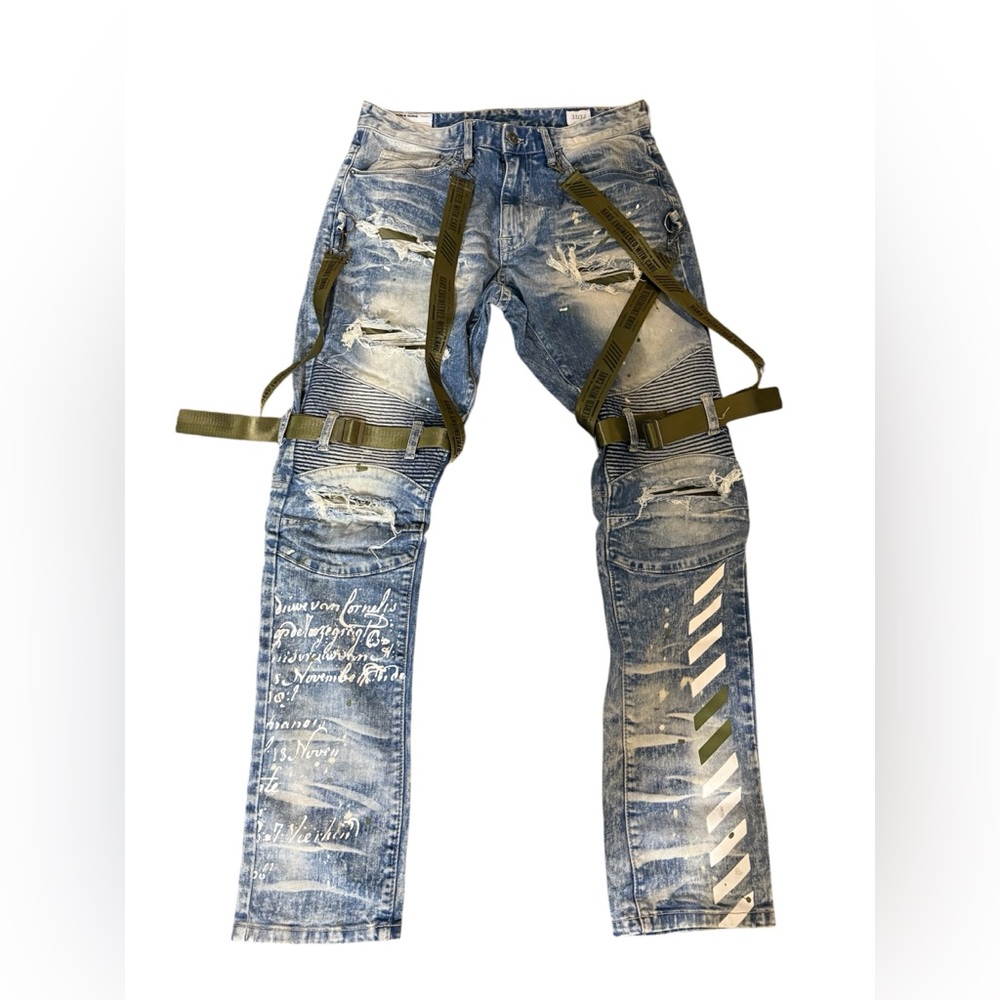Distressed Blue Jeans with Olive Straps